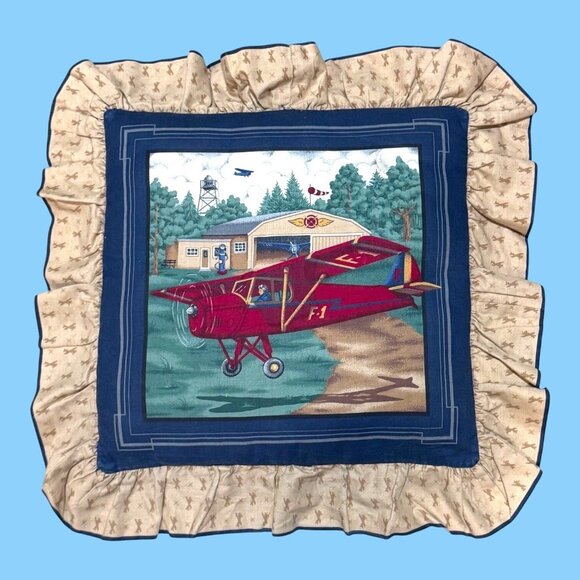 Vintage Airplane-Themed Quilted Throw Pillow With Ruffle Edges Cabin Country - Picture 3 of 5